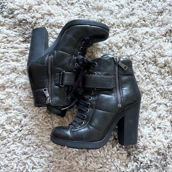 Prada heeled combat boots almond toe 4 inch heel black size 35 1/2